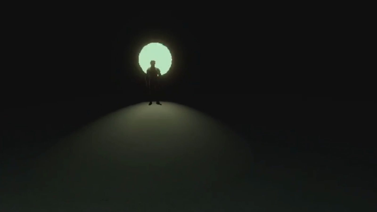 A figure walking towards the light